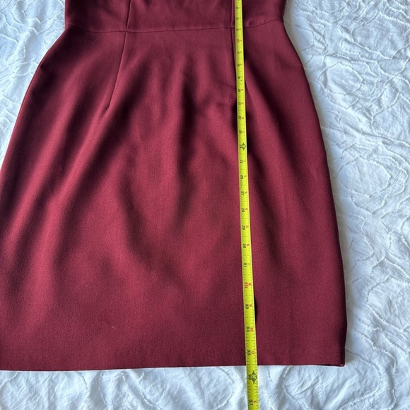 Donna Morgan Rich Burgundy Midi Dress Gold Zipper Detail and Mesh Neckline - Picture 6 of 9